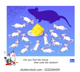Best puzzles for kids. Can you find the mouse that casts the shadow? Educational game. Logic education for children. Play online. Task for attentiveness. IQ test. Vector cartoon illustration. 