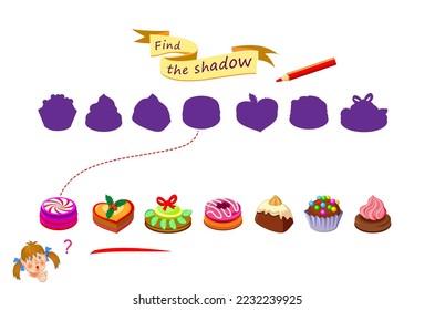 Best puzzles for kids. Can you find the shadow from each cake? Educational game. Logic education for children. Play online. Task for attentiveness. IQ test. Vector cartoon illustration.