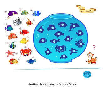 Best puzzles for kids. Can you find the shadow from each fish? Write the numbers. Educational game for children. Play online. Task for attentiveness. IQ test. Vector cartoon illustration.