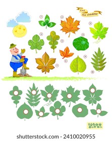 Los mejores rompecabezas para los niños. ¿Puedes encontrar la sombra de cada hoja? Escriba los números en círculos. Juego educativo para niños. Juega en línea. Tarea de atención. Prueba de CI. Ilustración de dibujos animados.