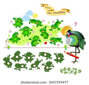 Best puzzles for kids. Can you find the shadow from each frog? Write the numbers in circles. Educational game for children. Play online. Task for attentiveness. IQ test. Vector cartoon illustration.