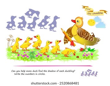 Best puzzles for kids. Can you help mom duck find the shadow of each duckling? Write the numbers in circles. Educational game for children. Task for attentiveness. Vector cartoon illustration.