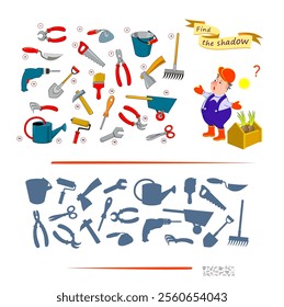 Best puzzles for kids. Can you help the gardener find the shadow of each tool? Educational page for children. Activity sheet. Task for attentiveness. I spy game. Vector cartoon illustration.