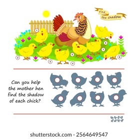 Best puzzles for kids. Can you help the mother hen find the shadow of each chick? Write the numbers in circles. Educational game for children. Task for attentiveness. Flat vector illustration.