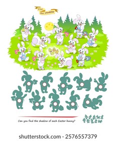 Best puzzles for kids. Can you find the shadow of each Easter bunny? Write the numbers in circles. Educational game for children. Play online. Task for attentiveness. IQ test. Vector illustration.