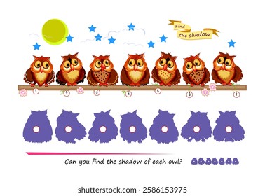 Best puzzles for kids. Can you find the shadow of each owl? Write the numbers in circles. Educational game for children. Play online. Task for attentiveness. IQ test. Flat vector illustration.