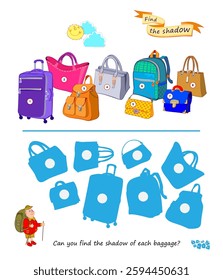 Best puzzles for kids. Can you find the shadow of each baggage? Write the numbers in circles. Educational game for children. Play online. Task for attentiveness. IQ test. Vector illustration.
