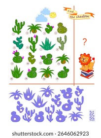Best puzzles for kids. Can you find the shadow of each cactus? Write the numbers in circles. Educational game for children. Play online. Task for attentiveness. IQ test. Flat vector illustration.