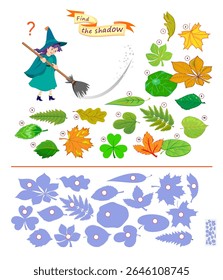 Best puzzles for kids. Can you find the shadow of each leaf? Write the numbers in circles. Educational game for children. Play online. Task for attentiveness. IQ test. Hand drawn vector illustration.
