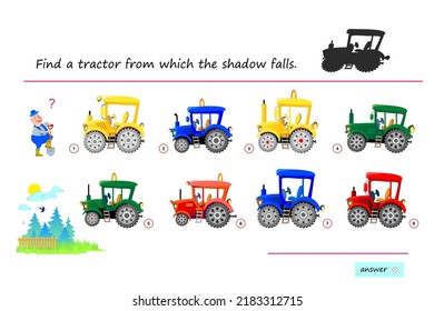 Best puzzles for kids. Find a tractor from which the shadow falls. Educational game. Logic education for children. Play online. Task for attentiveness. Vector cartoon illustration.