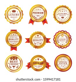 Best quality awards realistic vector badges set. Golden medals with red ribbons pack isolated on white background. Premium quality, best choice labels collection. Luxury products distinction marks