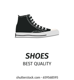 Best quality black shoes with white stitching, shoelaces and sole isolated on white background with sign. Comfortable footwear for modern casual look. Trendy unisex footwear vector illustration.