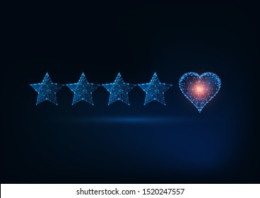 Best quality excellent customer service concept. Futuristic glowing low polygonal five stars rating with love heart isolated on dark blue background. Modern wire frame design vector illustration. 