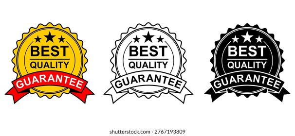 Best quality guarantee badge vector illustration for retail and e-commerce. Premium product certification seal icons in gold, line art, and black styles for professional commercial branding.