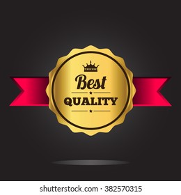 Best quality label golden colored with crown and ribbon. isolated on black background vector illustration