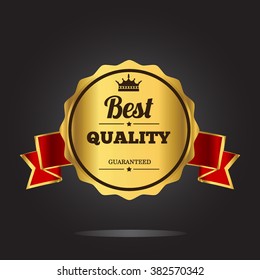 Best quality label golden colored with crown and ribbon. isolated on black background, vector illustration