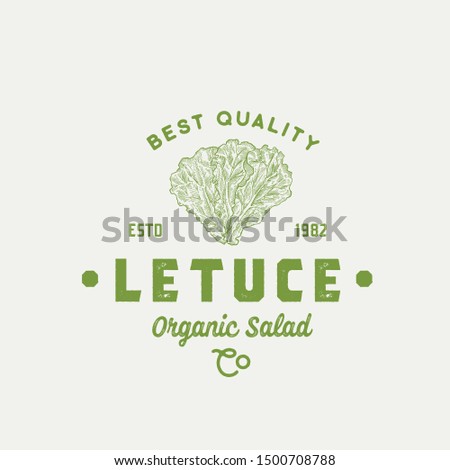 Best Quality Lettuce Abstract Vector Sign, Symbol or Logo Template. Premium Vegetable or Green Food Emblem. Hand Drawn Salad Leaves Sketch Illustration with Retro Typography. Isolated.