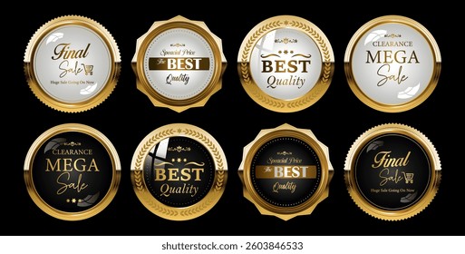 Best quality premium golden badges and labels vector set. Shield icon with laurel wreath vector set. Premium quality stamp, gold labels and best offer badges collection
