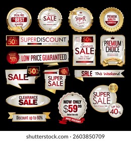 Best quality premium golden badges and labels vector set. Shield icon with laurel wreath vector set. Premium quality stamp, gold labels and best offer badges collection
