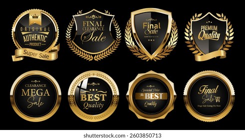 Best quality premium golden badges and labels vector set. Shield icon with laurel wreath vector set. Premium quality stamp, gold labels and best offer badges collection
