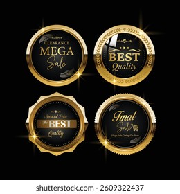 Best quality premium golden badges and labels vector set. Circle round gold badge icon with laurel wreath vector set. Premium quality stamp, gold labels and best offer badges collection
