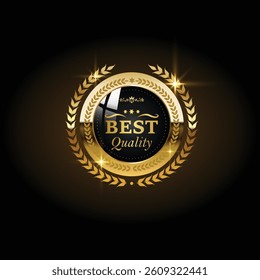 Best quality premium golden badges and labels vector set. Circle round gold badge icon with laurel wreath vector set. Premium quality stamp, gold labels and best offer badges collection
