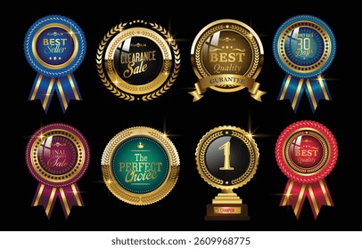 Best quality premium golden badges ribbons and labels vector set. Premium quality stamp, gold badges and luxury certificate seal ,1st place winner trophy gold medal best seller badges collection
