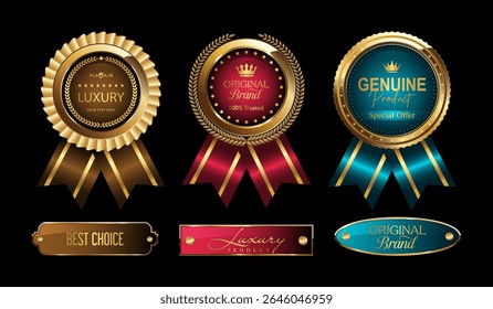 Best quality premium golden badges, ribbons and labels vector set. Premium quality stamp, luxury gold labels and best offer colorful badges collection
