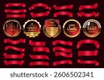 Best quality premium golden ribbons, badges,shield and labels vector set. Premium quality stamp, gold labels and luxury red color best offer badges collection
