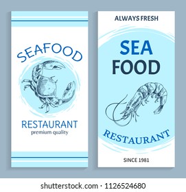Best quality seafood restaurant hand drawn banner. Shrimp and crab marine products vector illustration in sketch style on white with blue backdrop.