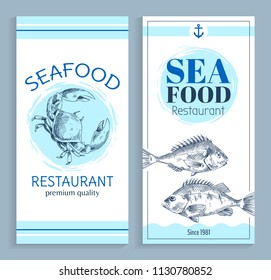 Best quality seafood restaurant hand drawn banner with anchor symbol. Bream and crab marine products sketch vector illustration on white backdrop.