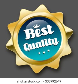 Best quality seal or icon with crown symbol. Glossy golden seal or button with stars and turquoise color.