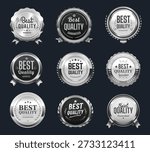 Best quality silver labels, badges and tags or award seals with ribbons, vector laurel wreaths. Best quality badges with silver ribbons for premium product and best choice guarantee for shop or store