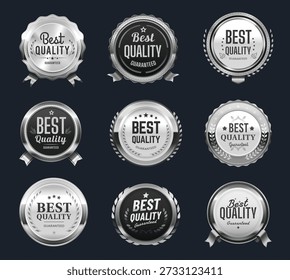 Beste Qualität Silber Etiketten, Abzeichen und Tags oder Award-Siegel mit Bändern, Vektor Lorbeerkränze. Beste Qualität Abzeichen mit silbernen Bändern für Premium-Produkt und beste Wahl Garantie für Shop oder Shop