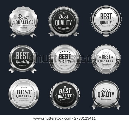 Best quality silver labels, badges and tags or award seals with ribbons, vector laurel wreaths. Best quality badges with silver ribbons for premium product and best choice guarantee for shop or store