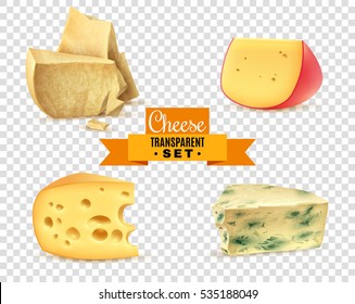 Best quality special cheeses realistic images composition with edam maasdam parmesan and dorblu transparent background vector illustration 