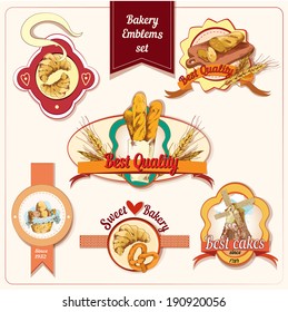 Best quality sweet bakery bread and pastry food emblems set vector illustration