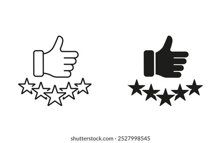 Best Quality Symbol. Review Sign. Thumb Up With Five Stars Line and Silhouette Icon Set. Customer Satisfaction Pictogram. Positive Feedback. Editable Stroke. Isolated Vector Illustration.