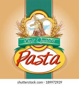 Best Quality Tasty Wheat Flour Spaghetti Pasta Pack Label With Wind Mill Emblem Vector Illustration