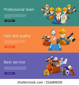 Best quality and time professional remolding service team offer isometric horizontal banners set abstract isolated vector illustration