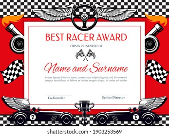 Best Racer Award Diploma Vector Template. Racing Winner Border With Black And White Chequered Flag, Winged Car And Cup. Rally Victory Success Certificate For Participation Or Best Result Achievement