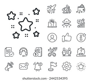 Best ranking sign. Salaryman, gender equality and alert bell outline icons. Stars line icon. Firework symbol. Stars line sign. Spy or profile placeholder icon. Online support, strike. Vector