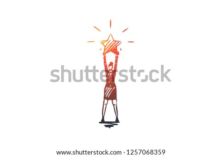 The best, rating, professional vector concept. Woman standing with big shining star in hands. Hand drawn sketch isolated illustration