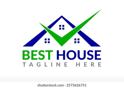 Best Real Estate logo design, best house logo, house insurance logo, tick mark sign, best property mortgage, architecture logo concept duplex triplex house shape check mark right home, house tick icon