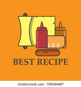 The best recipe, hot dog, paper, ingredients, ketchup, mustard and roll, text, vector image, flat design, outline style