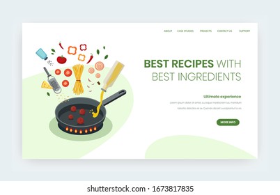 Best recipes vector website template, landing page design for website and mobile site development. Food recipes with best ingredients online.