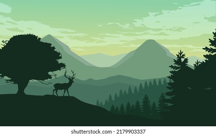 The Best Reindeer in the mountains with forest landscape vector illustration