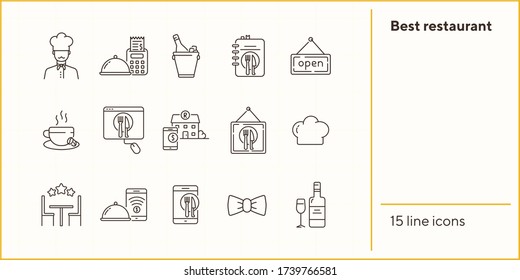 Best restaurant line icon set. Wine, table, dish, high rate isolated outline sign pack. Restaurant business concept. Vector illustration symbol elements for web design and apps