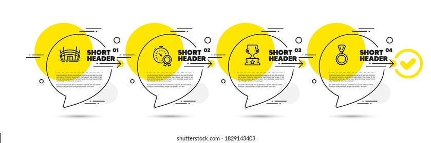 Mejor resultado, el estadio de Arena y los iconos de la línea de la copa Winner. Burbujas del discurso de la infografía de la línea de tiempo. Señal de la medalla. Premio Timer, Edificio de la Competencia, Copa Award. Ganador. Juego deportivo. Vector