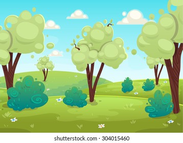 Best retro cartoon style forest tree and bushes flowers background. vector art illustration
